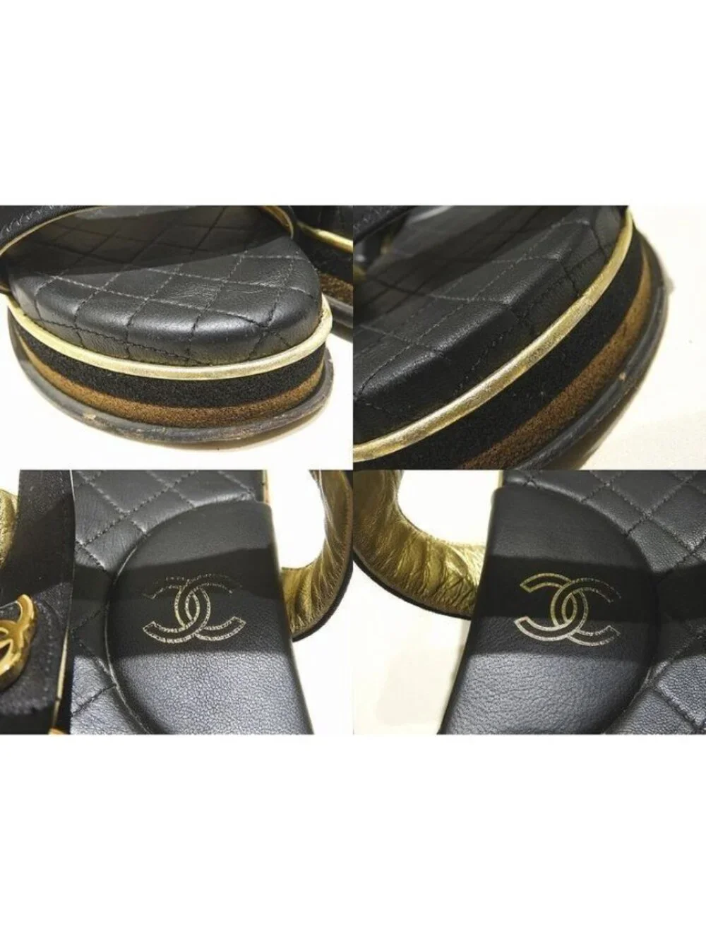 Chanel Sandals Quilted Leather Insole Satin Black CC Logo Shoes 38